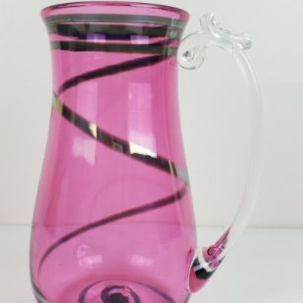 Hand Blown Pitcher 7" Shelve Art Glass Pink Silver Swirl Water Lemonade Juice